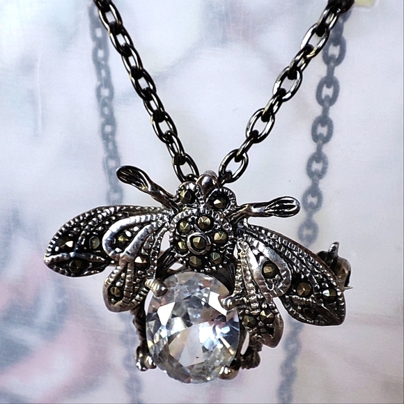 Bee Sterling 925 Signed Clear Cubic Zirconia Brooch Pendant Bug Insect Fly - Picture 3 of 14